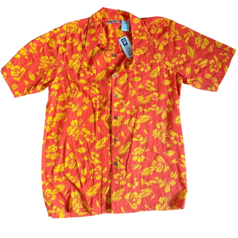 Men’s 100% silk  Button Down Shirt Size medium Orange Tropical vacation camp